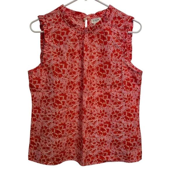 J. Crew Tops - J.CREW Red Floral Linen-Blend Ruffled Neck Top Size Small